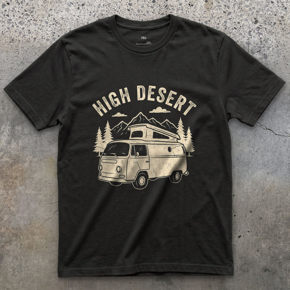 High Desert Arches Above the Camper Van design on a Black Gildan Softstyle t-shirt
