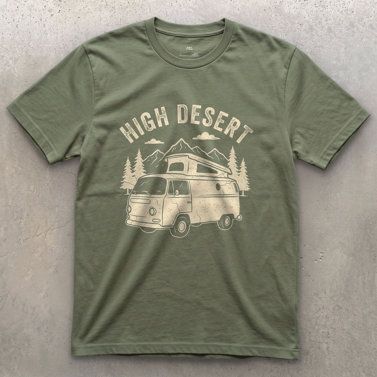 High Desert Arches Above the Camper Van design on a Military Green Gildan Softstyle t-shirt