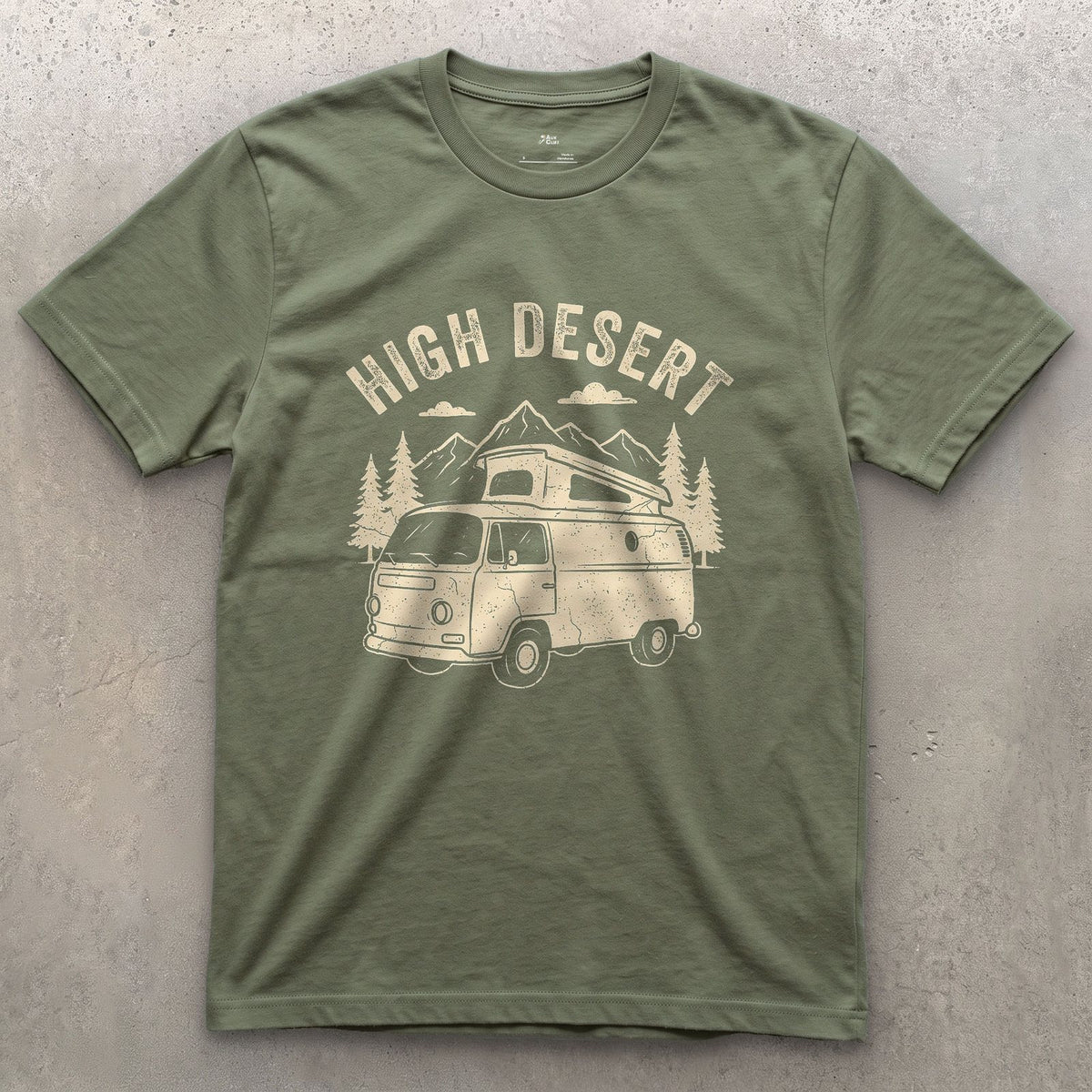 High Desert Arches Above the Camper Van design on a Military Green Gildan Softstyle t-shirt