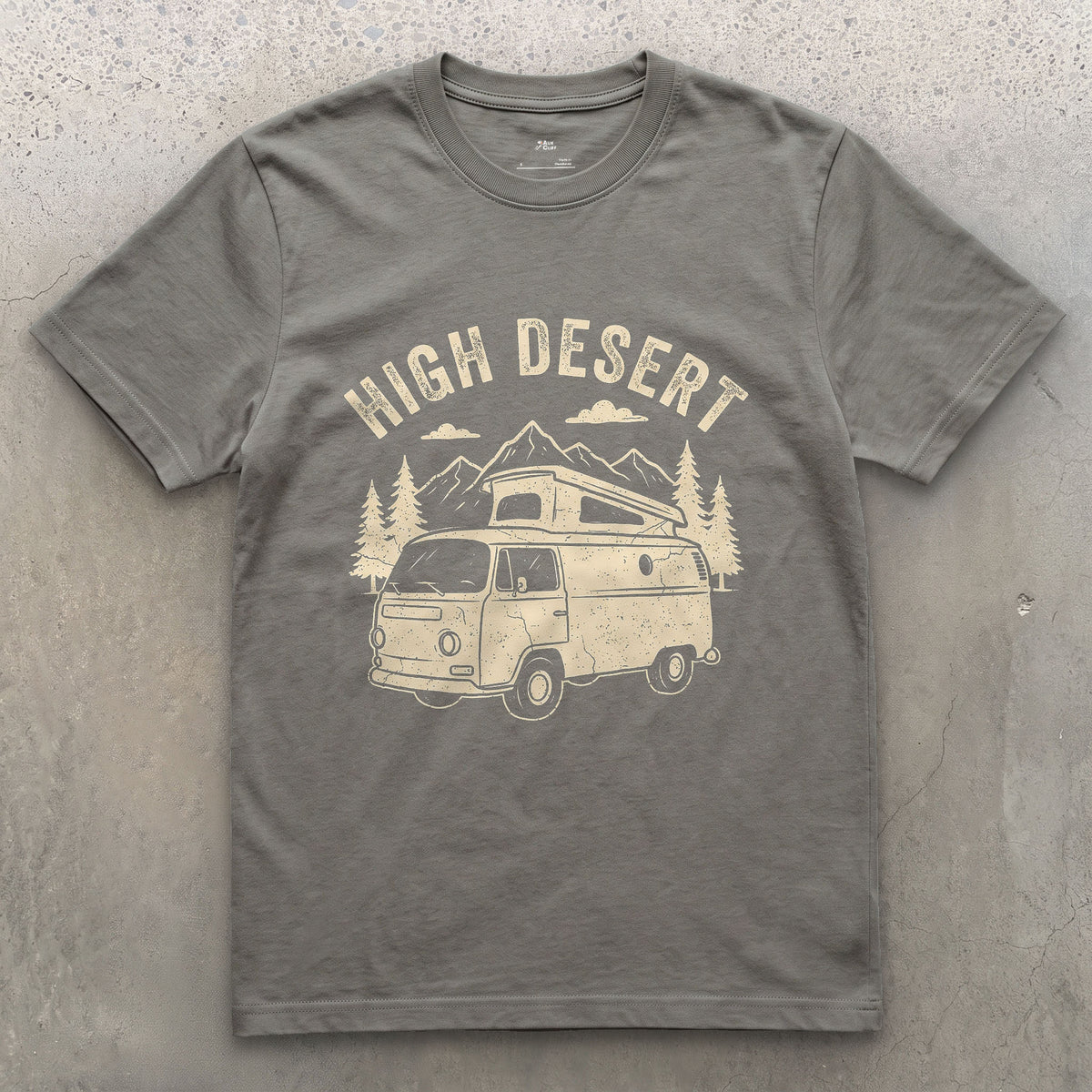 High Desert Arches Above the Camper Van design on a Charcoal Gildan Softstyle t-shirt
