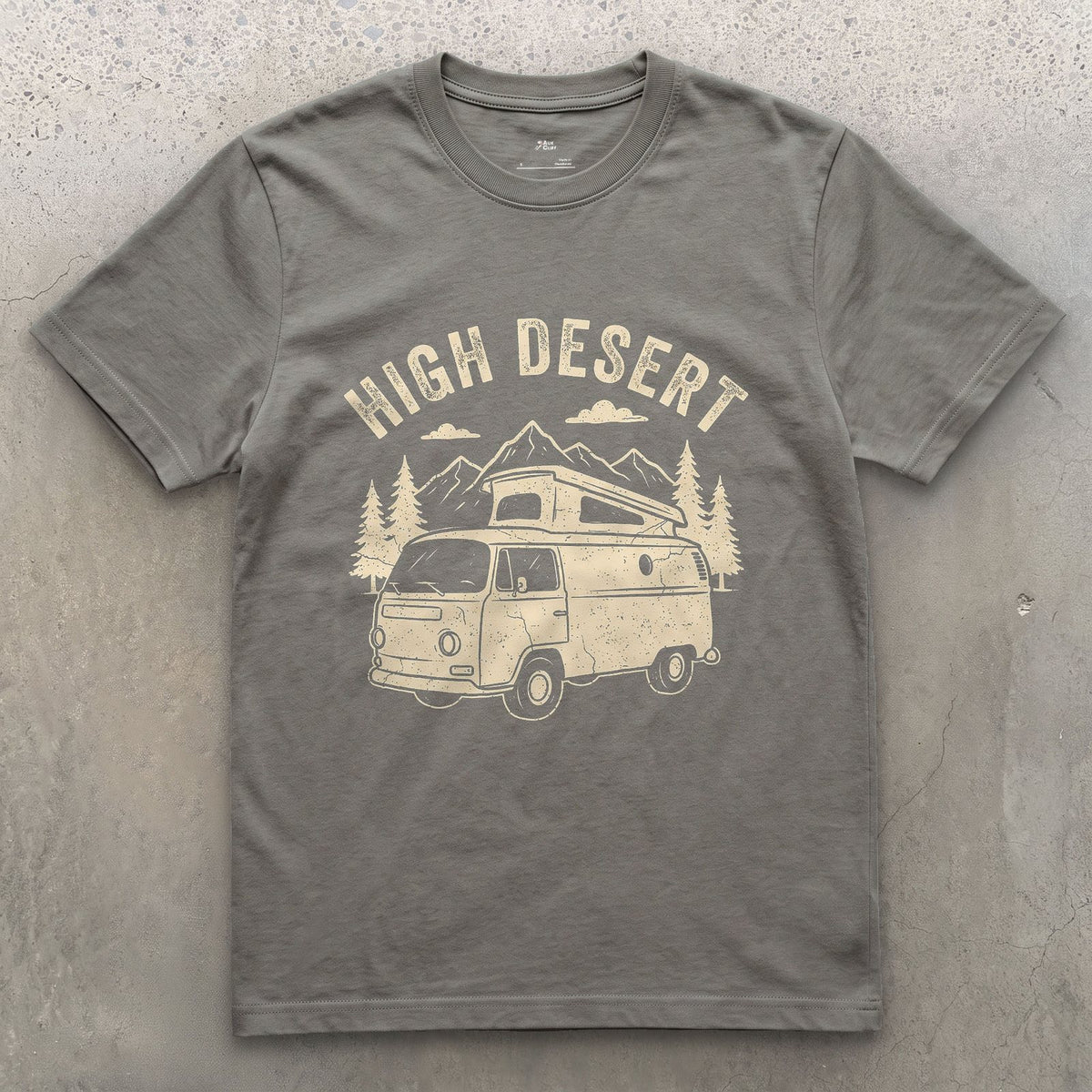 High Desert Arches Above the Camper Van design on a Charcoal Gildan Softstyle t-shirt