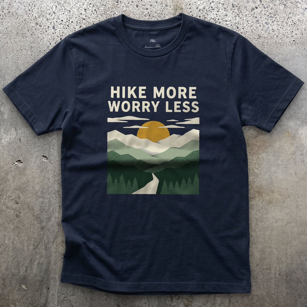 Hike More, Worry Less, Sunrise Trail design on a Navy Gildan Softstyle t-shirt