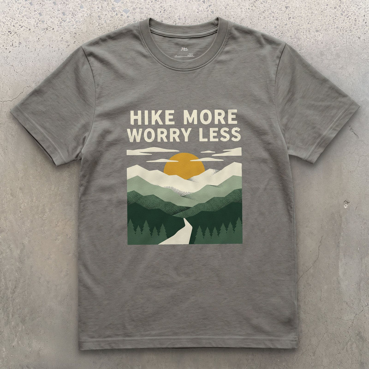 Hike More, Worry Less, Sunrise Trail design on a Charcoal Gildan Softstyle t-shirt