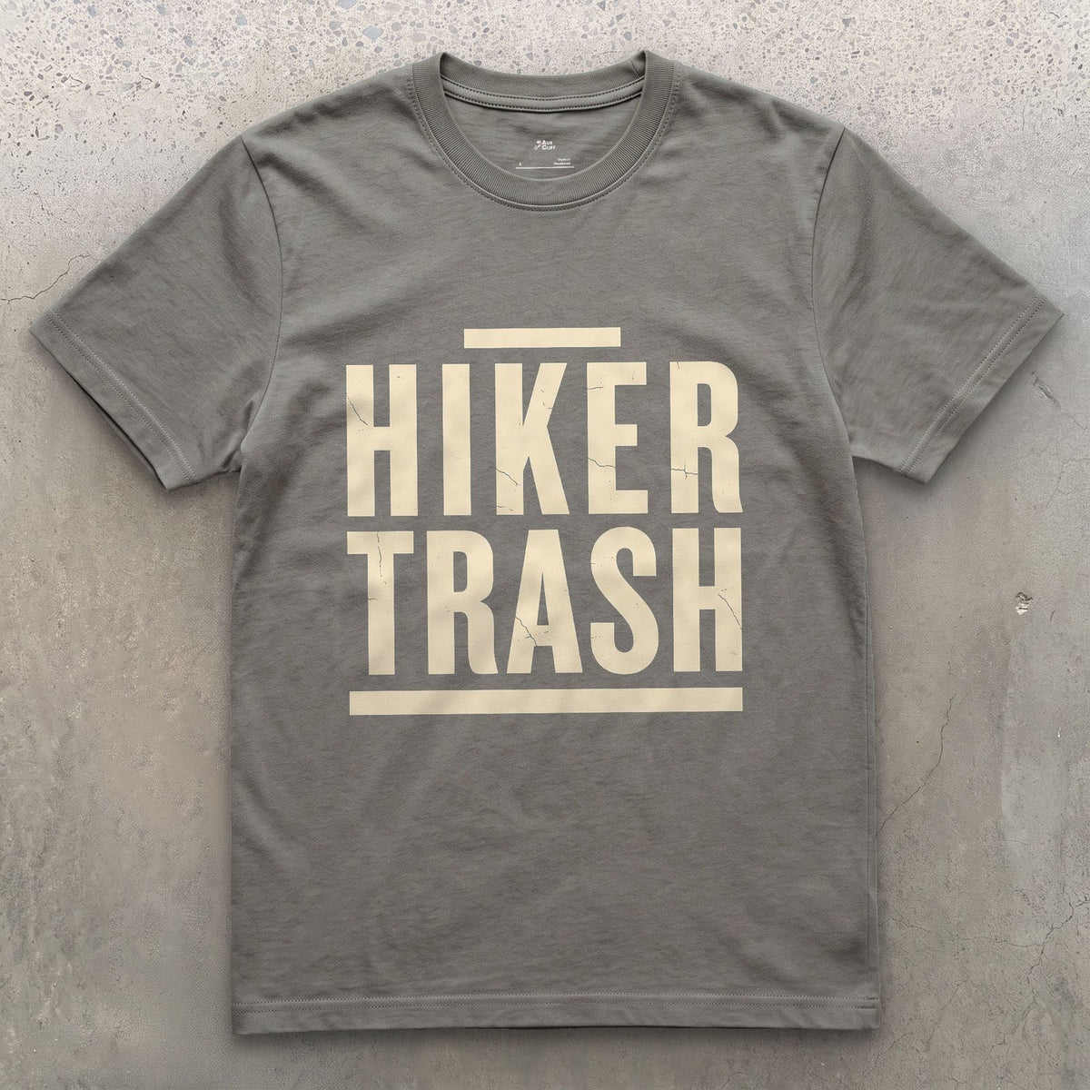 Hiker Trash Too Far In to Care design on a Charcoal Gildan Softstyle t-shirt