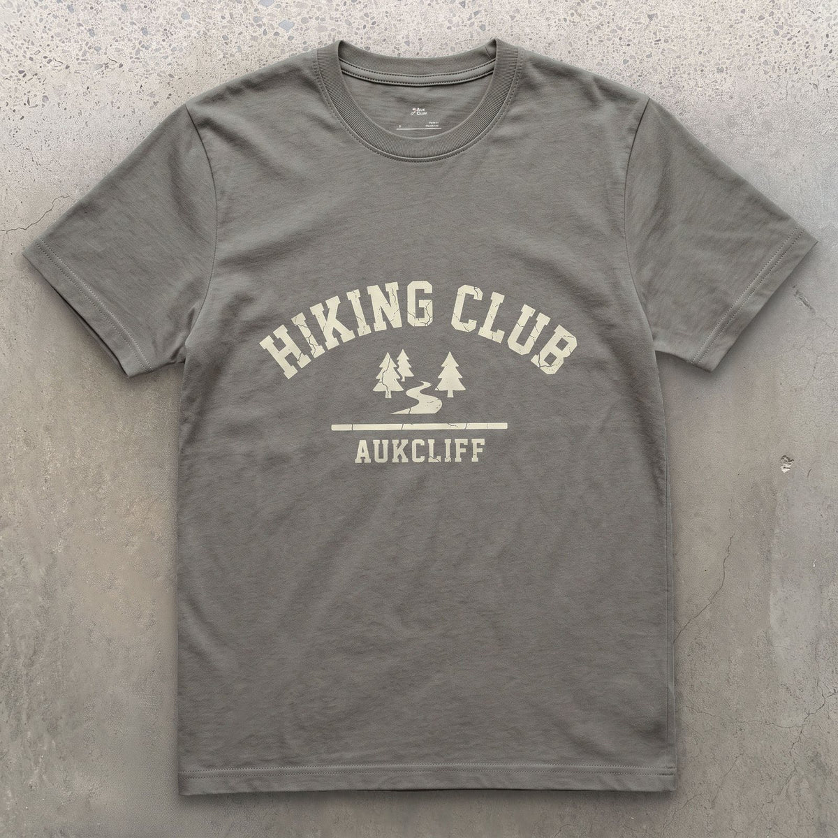 Hiking Club Mountain Trail Badge design on a Charcoal Gildan Softstyle t-shirt