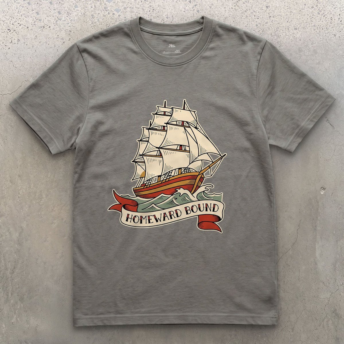 Homeward Bound, Clipper Ship design on a Charcoal Gildan Softstyle t-shirt