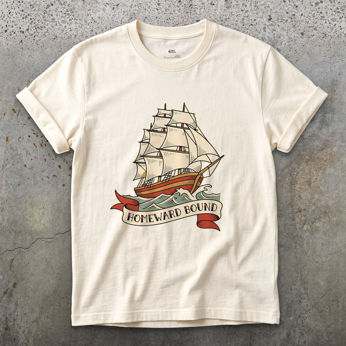 Homeward Bound, Clipper Ship design on a Natural Gildan Softstyle t-shirt