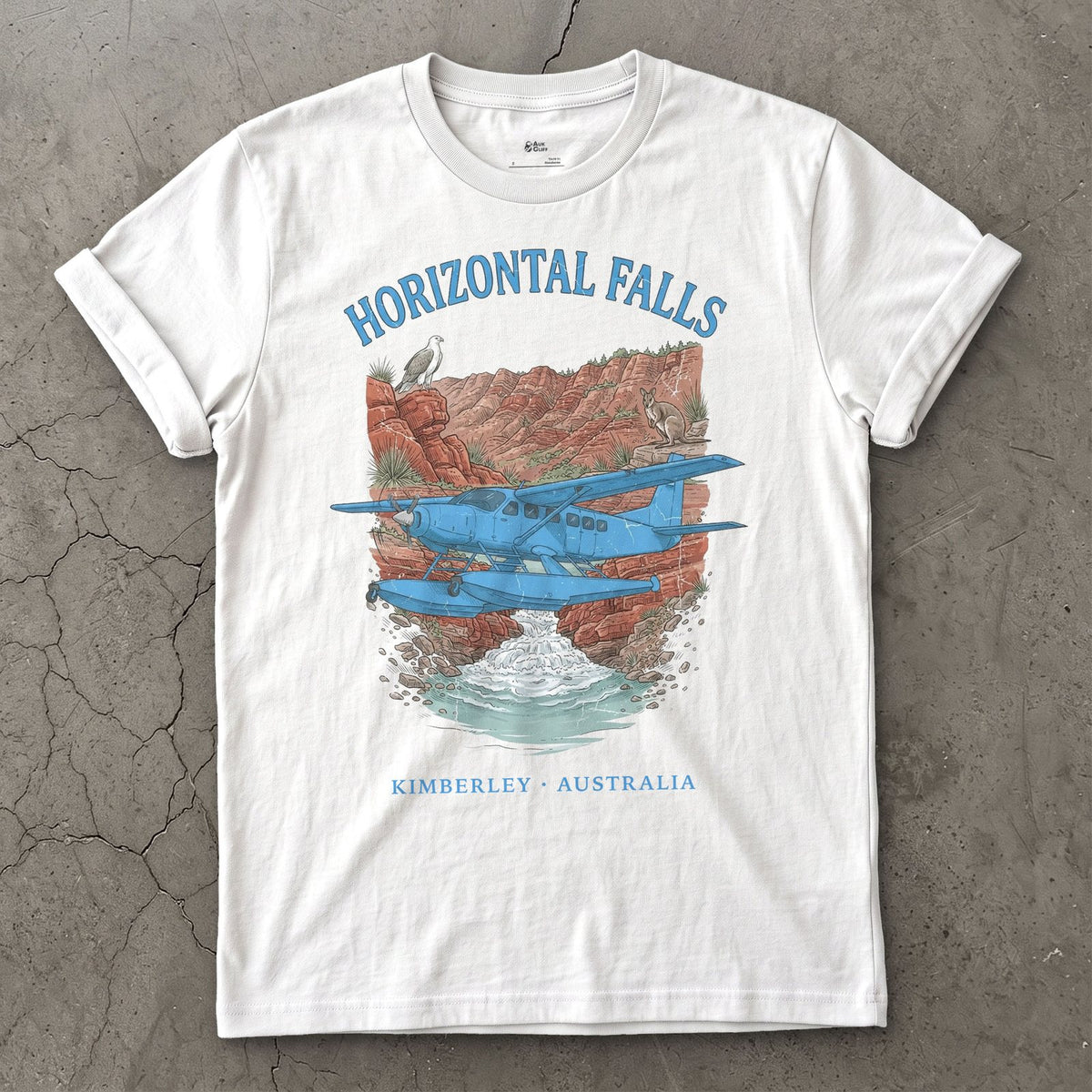 Horizontal Falls Bush Plane design on a White Gildan Softstyle t-shirt