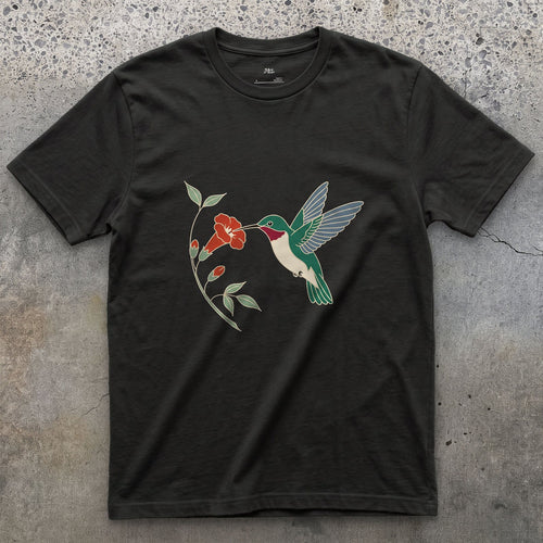 Wings a Blur, Hummingbird at the Trumpet Vine design on a Black Gildan Softstyle t-shirt