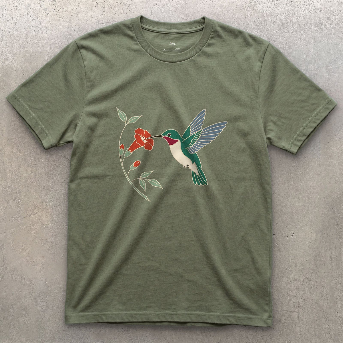 Wings a Blur, Hummingbird at the Trumpet Vine design on a Military Green Gildan Softstyle t-shirt