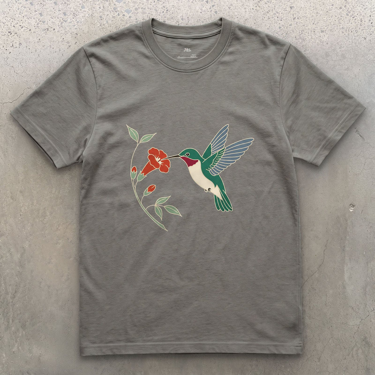 Wings a Blur, Hummingbird at the Trumpet Vine design on a Charcoal Gildan Softstyle t-shirt