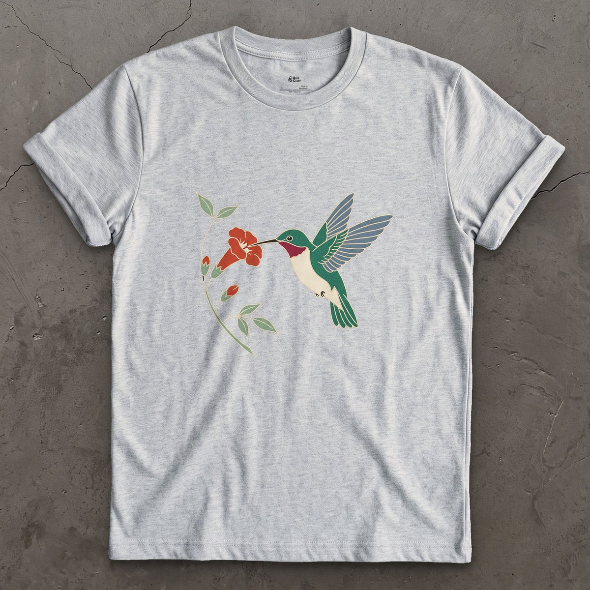Wings a Blur, Hummingbird at the Trumpet Vine design on a Sport Grey Gildan Softstyle t-shirt