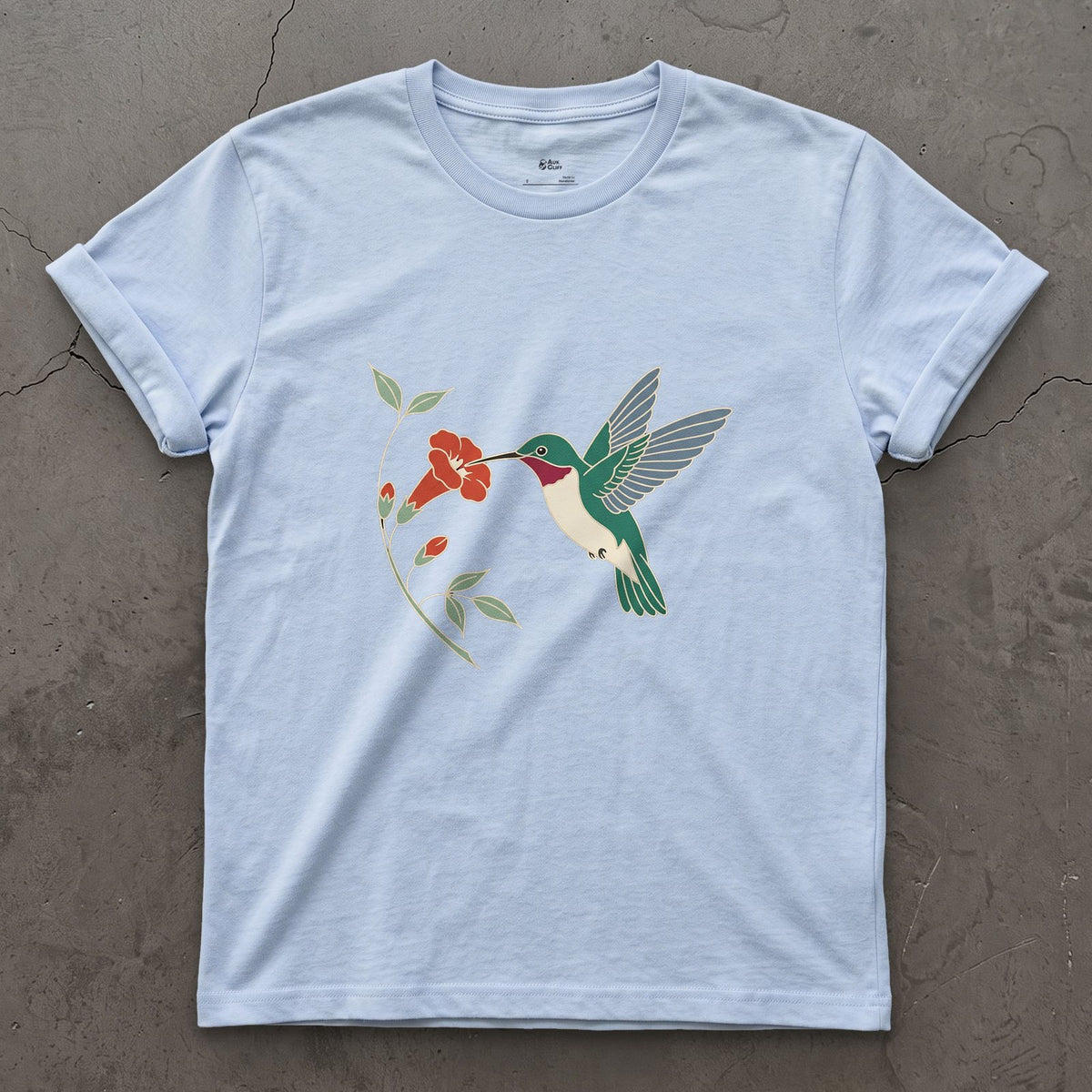 Wings a Blur, Hummingbird at the Trumpet Vine design on a Light Blue Gildan Softstyle t-shirt