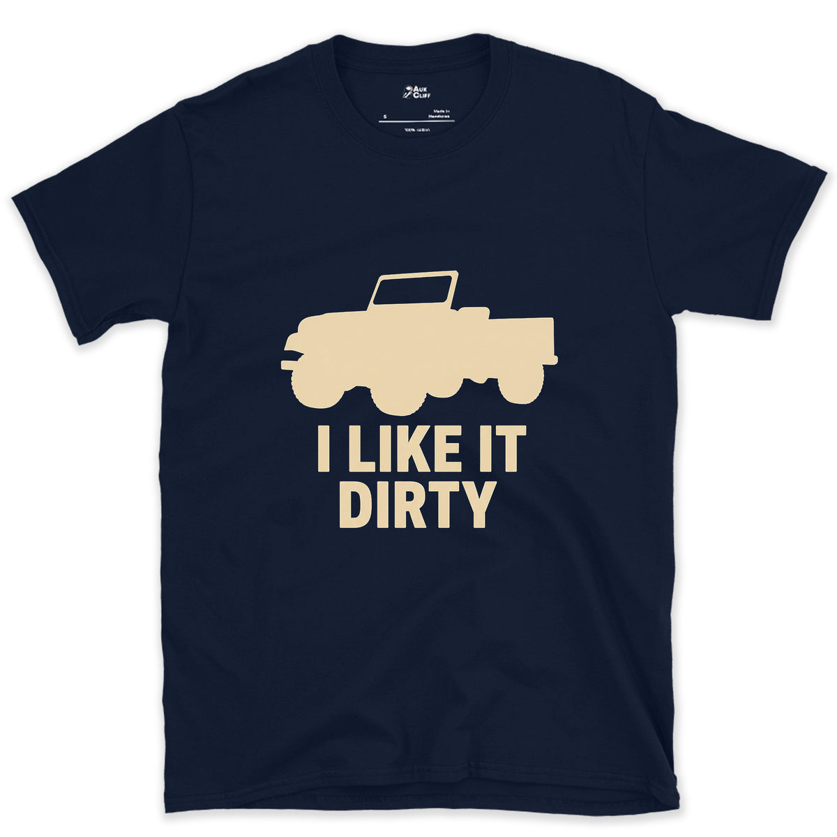 I Like It Dirty, Open Top Jeep design on a Navy Gildan Softstyle t-shirt