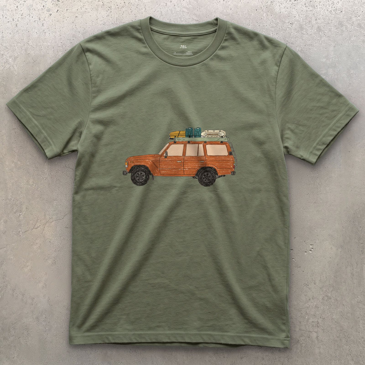 Bags and a Cooler Loaded on the Roof Rack design on a Military Green Gildan Softstyle t-shirt