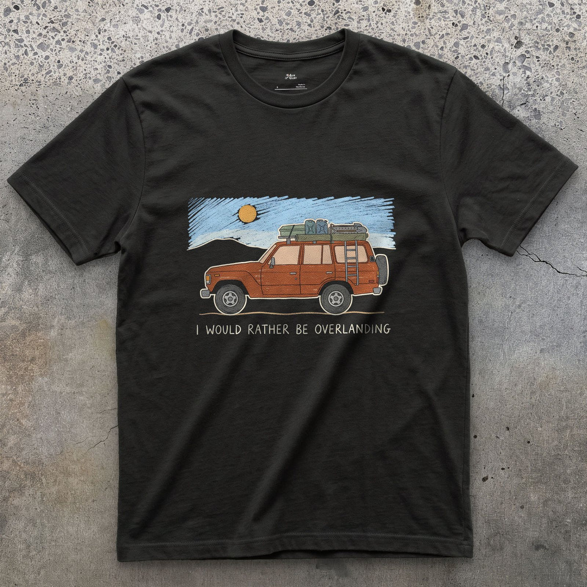 I Would Rather Be Overlanding design on a Black Gildan Softstyle t-shirt