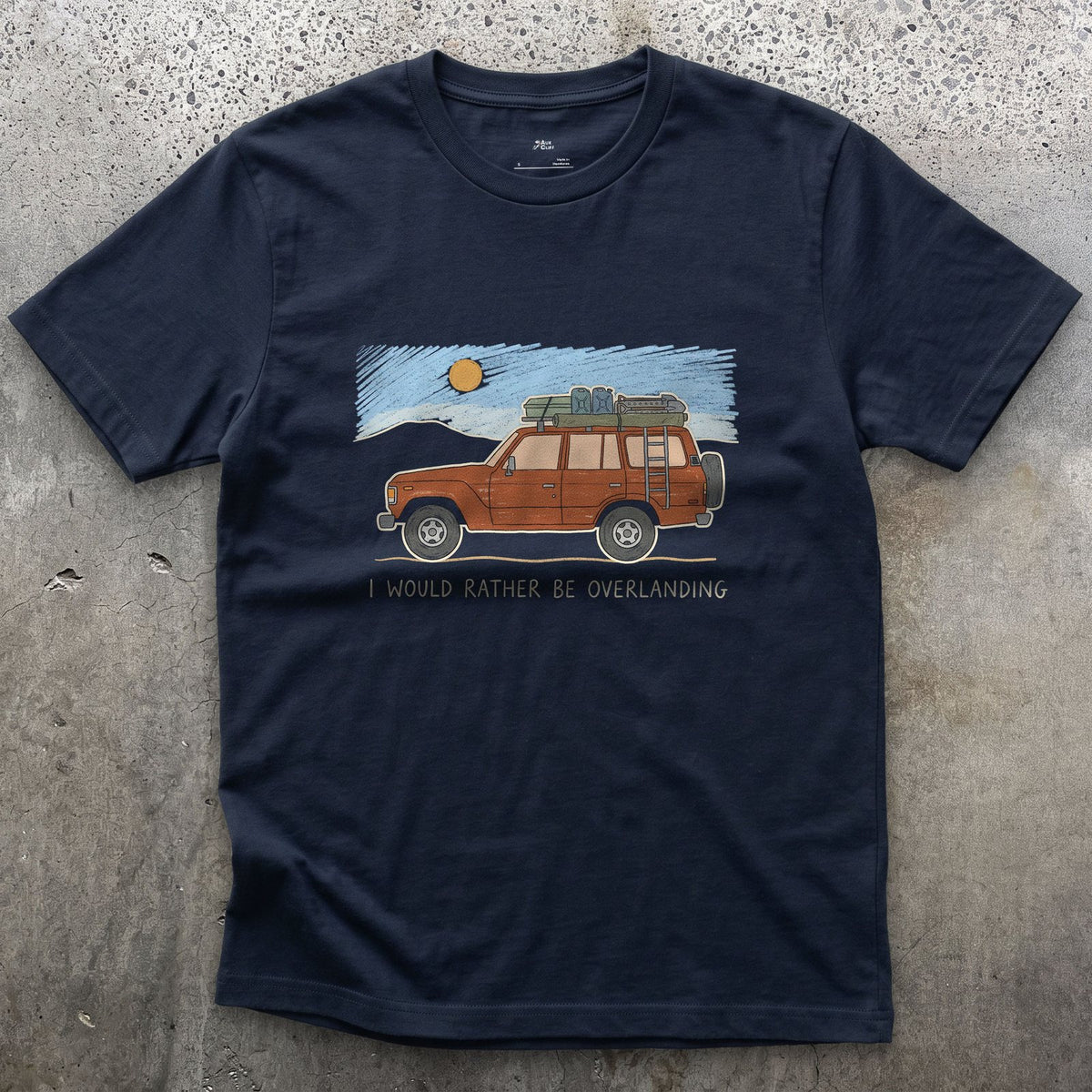 I Would Rather Be Overlanding design on a Navy Gildan Softstyle t-shirt
