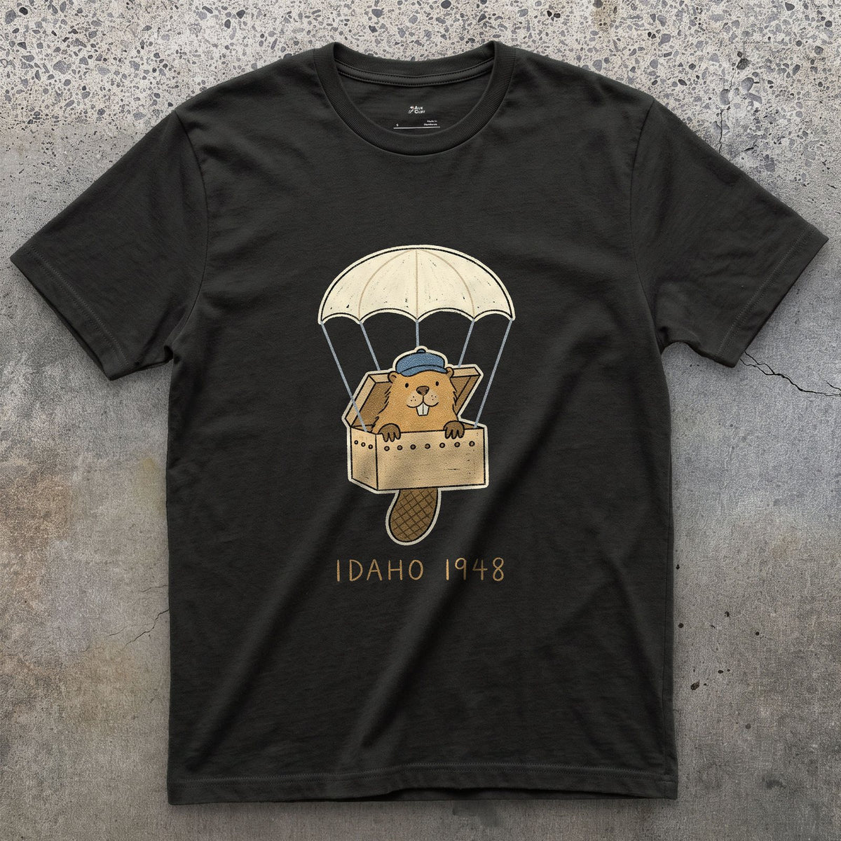 Idaho 1948, Beaver Airdrop Into the Wild design on a Black Gildan Softstyle t-shirt