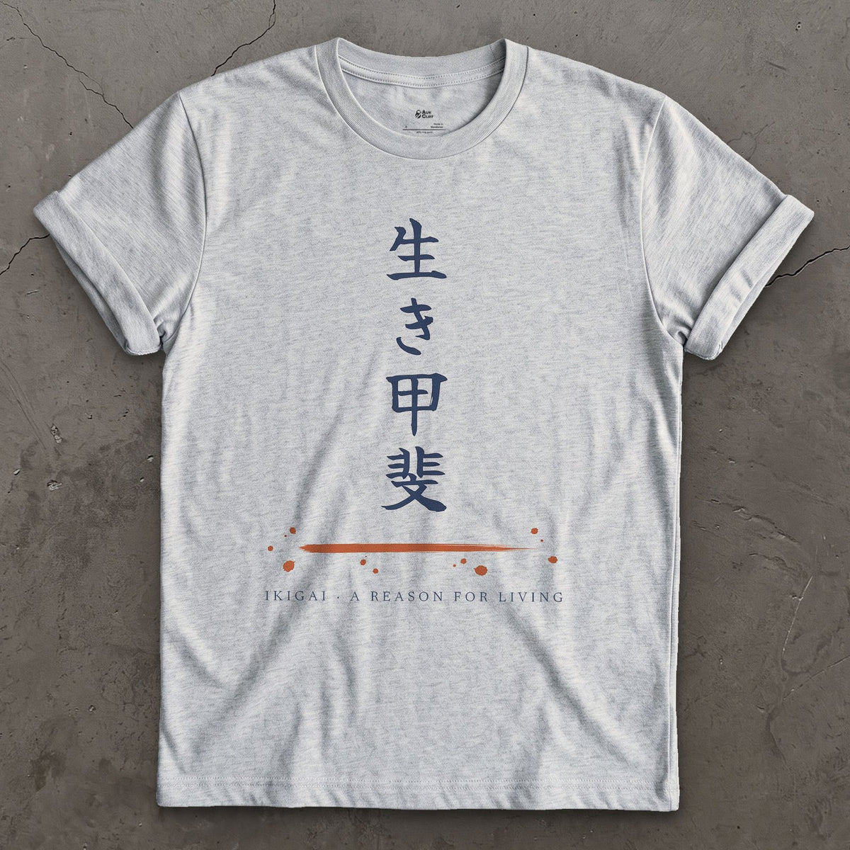 Ikigai in Japanese design on a Sport Grey Gildan Softstyle t-shirt