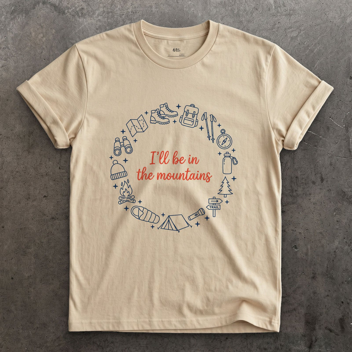 I'll Be in the Mountains design on a Sand Gildan Softstyle t-shirt
