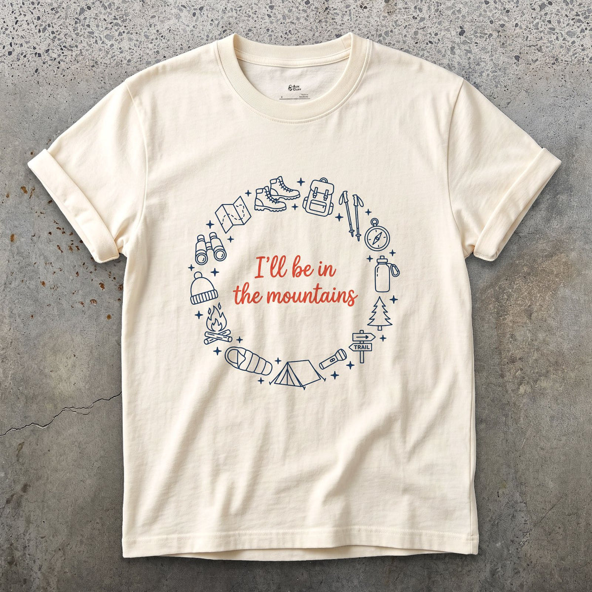 I'll Be in the Mountains design on a Natural Gildan Softstyle t-shirt