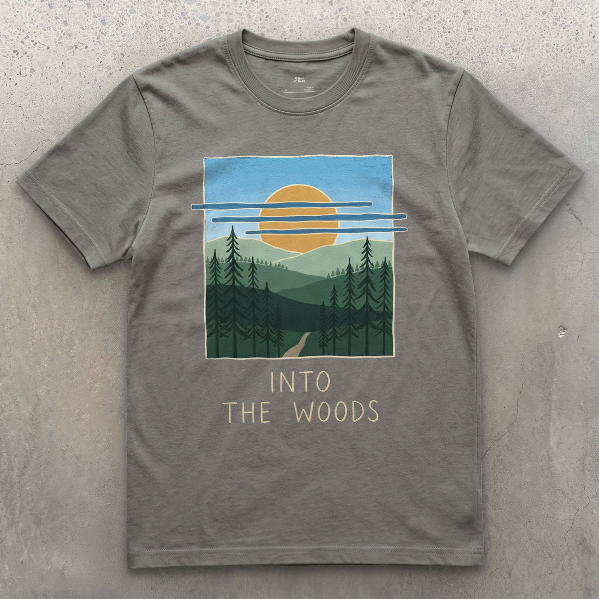 Into the Woods With Sun and a Bird design on a Charcoal Gildan Softstyle t-shirt