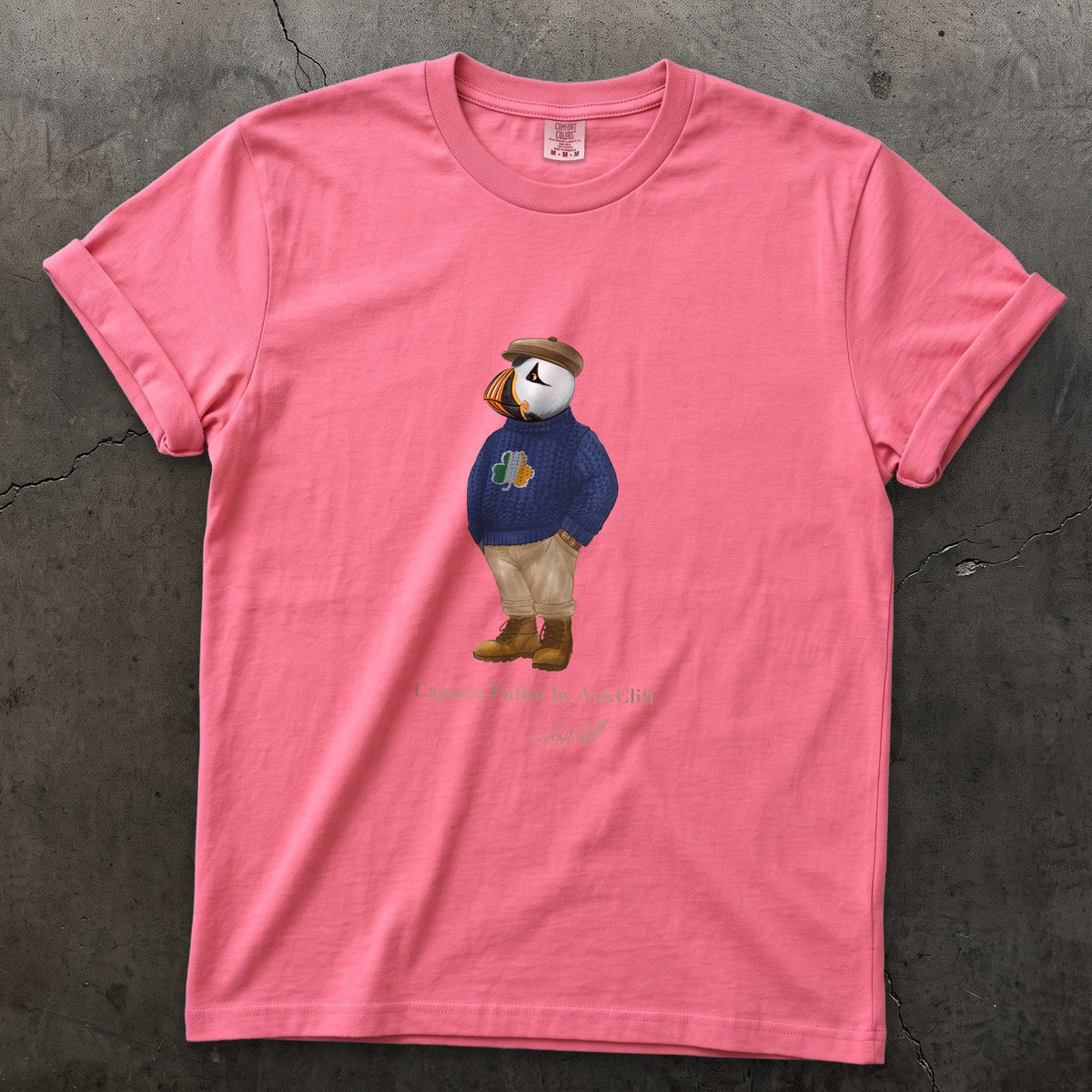 Captain Puffin Irish Trailkeeper on a Crunchberry Comfort Colors t-shirt