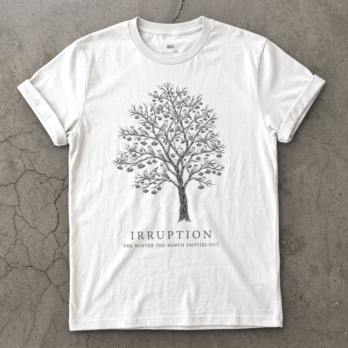 Irruption, the Winter the North Empties Out design on a White Gildan Softstyle t-shirt