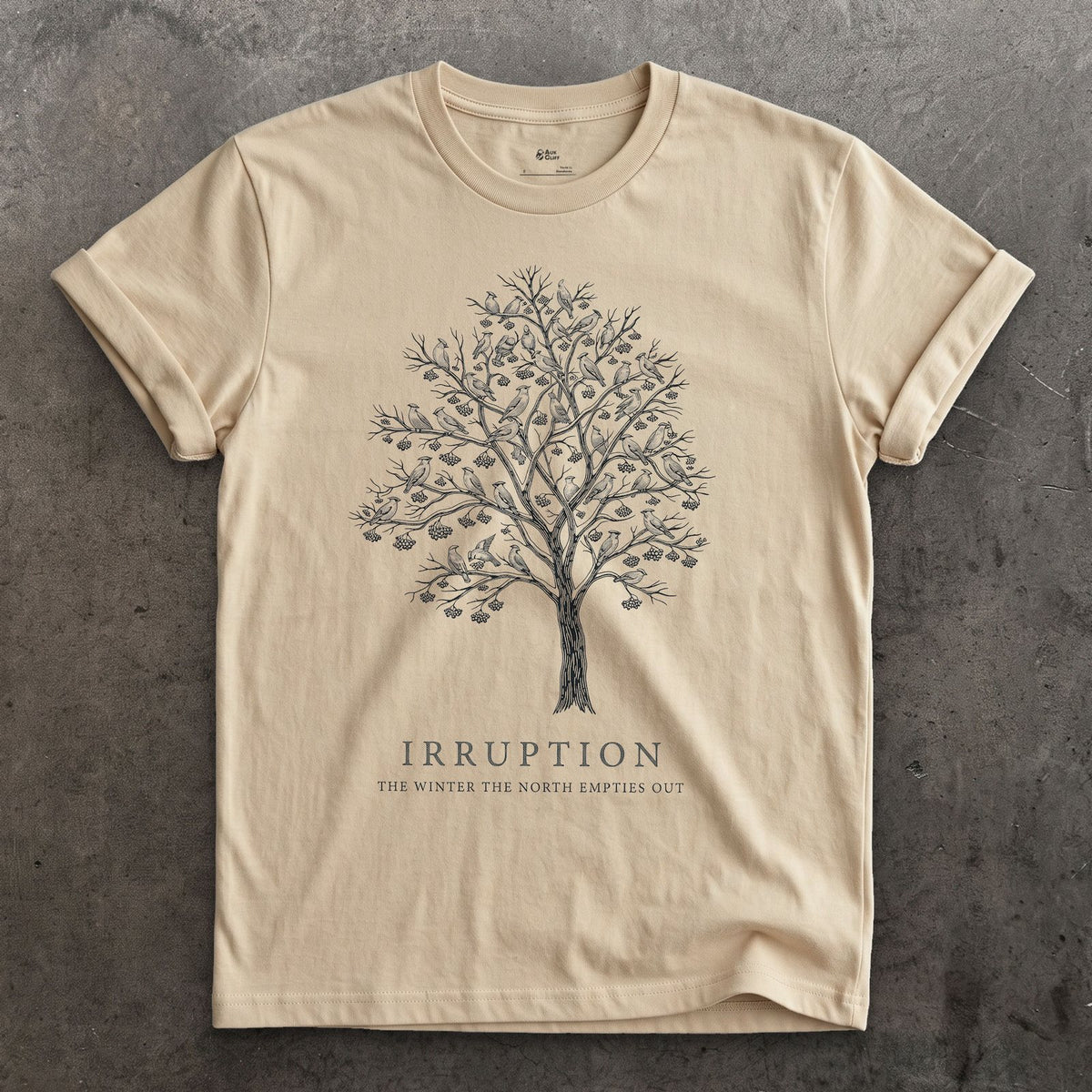 Irruption, the Winter the North Empties Out design on a Sand Gildan Softstyle t-shirt