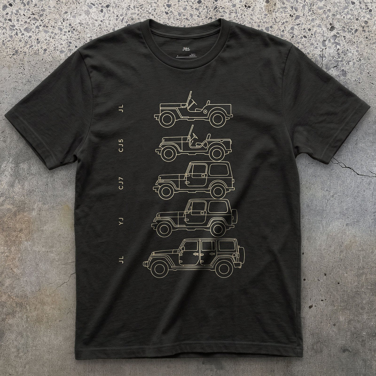 Jeep, Four Chassis Codes in a Row design on a Black Gildan Softstyle t-shirt