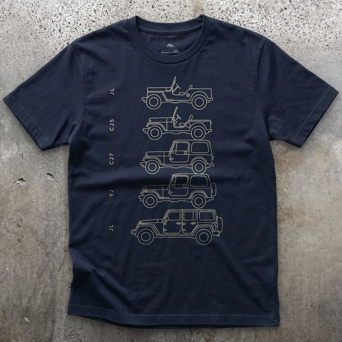 Jeep, Four Chassis Codes in a Row design on a Navy Gildan Softstyle t-shirt