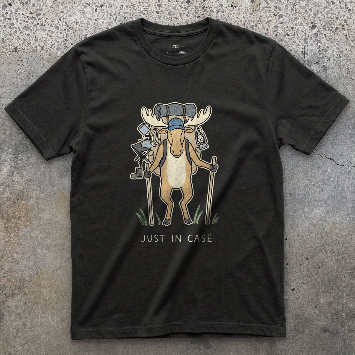 Just in Case, Moose Hiker design on a Black Gildan Softstyle t-shirt