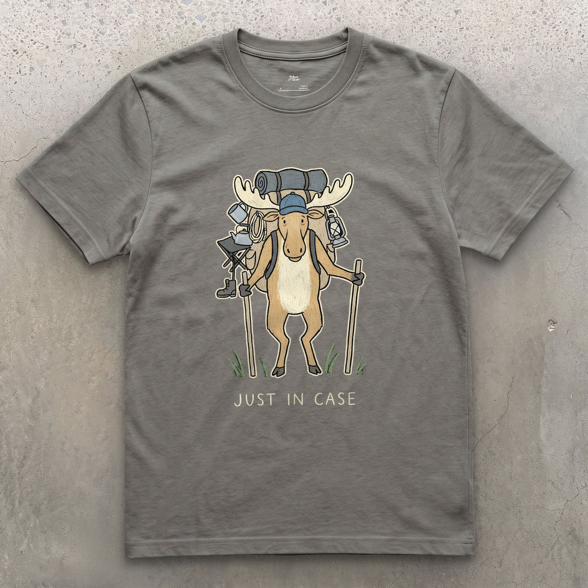Just in Case, Moose Hiker design on a Charcoal Gildan Softstyle t-shirt