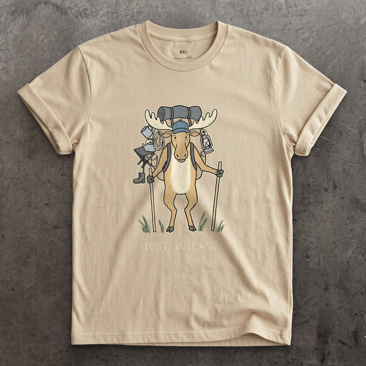Just in Case, Moose Hiker design on a Sand Gildan Softstyle t-shirt