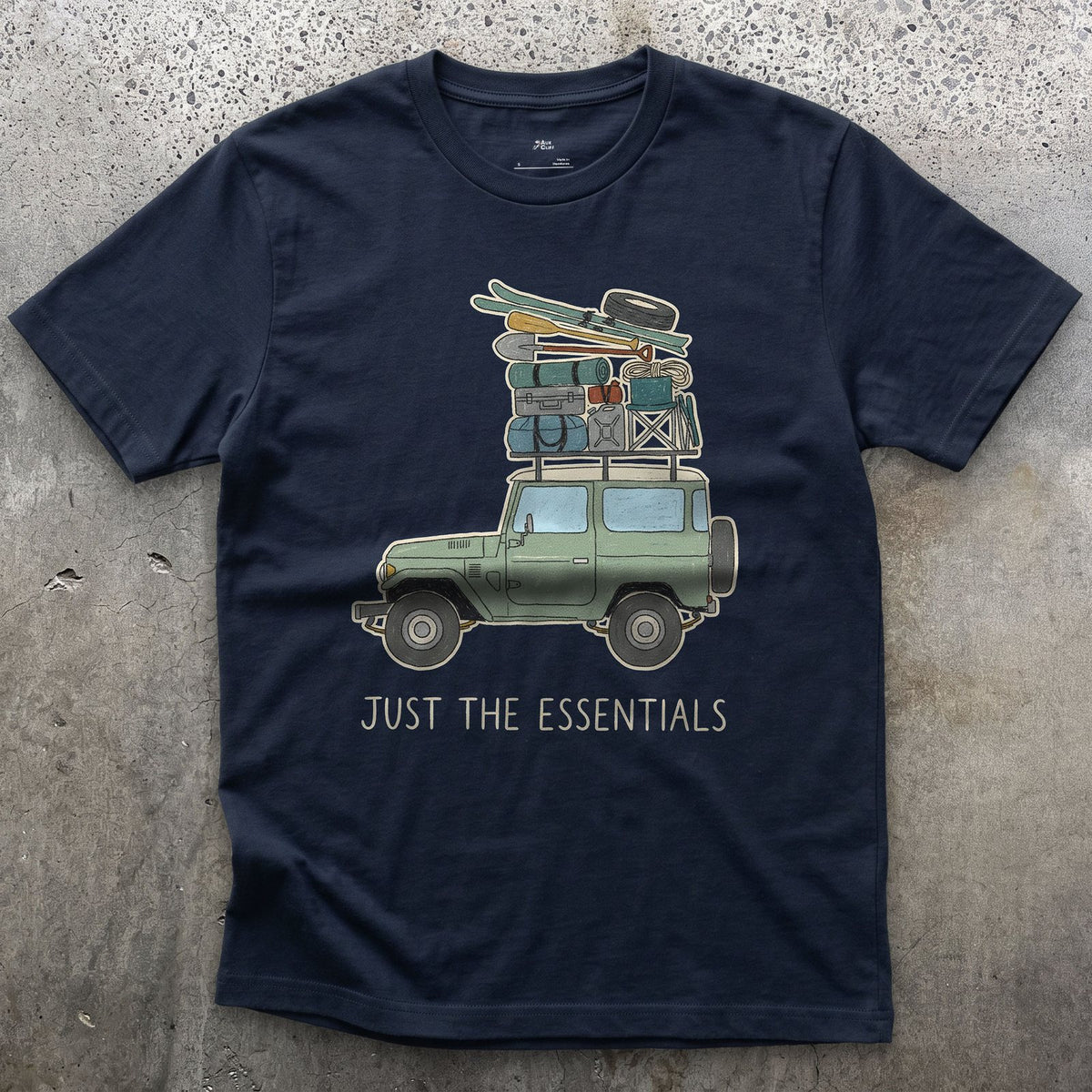 Just the Essentials, 4x4, Two Seasons at Once design on a Navy Gildan Softstyle t-shirt