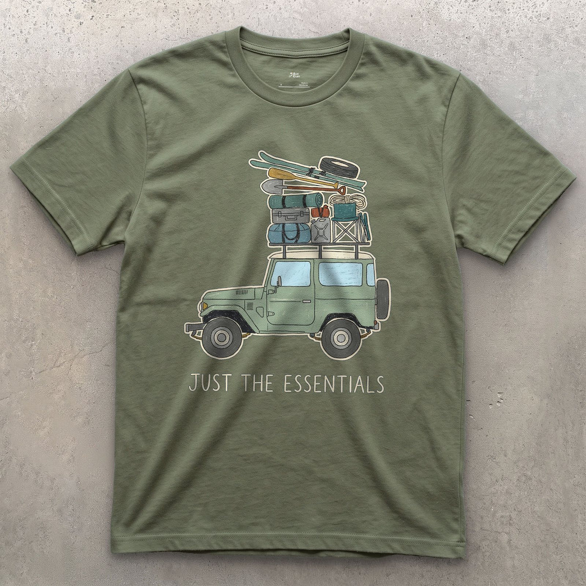 Just the Essentials, 4x4, Two Seasons at Once design on a Military Green Gildan Softstyle t-shirt