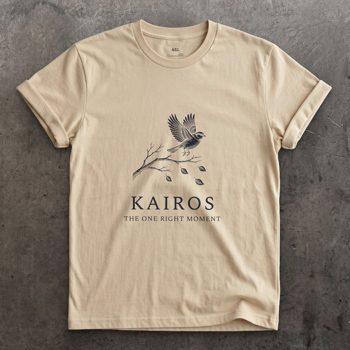 Kairos, the One Right Moment design on a Sand Gildan Softstyle t-shirt