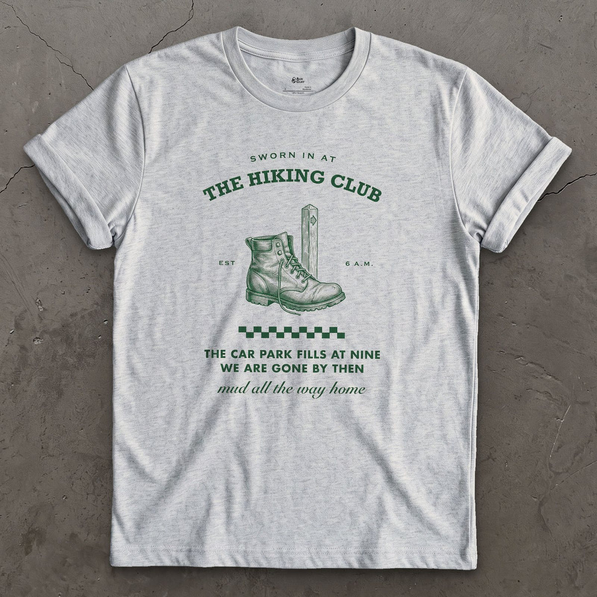 Car Park Fills at Nine, We're Gone by Then design on a Sport Grey Gildan Softstyle t-shirt