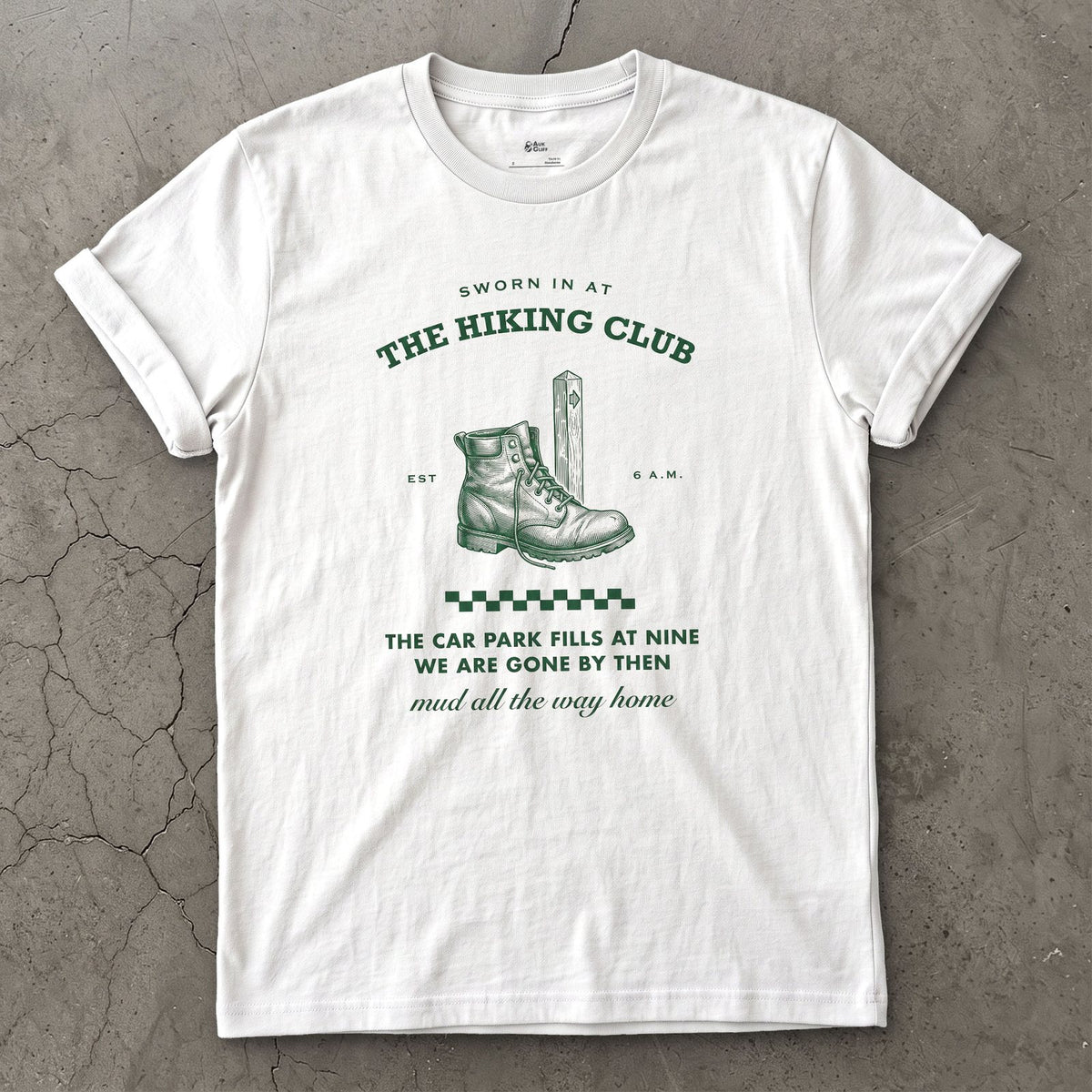 Car Park Fills at Nine, We're Gone by Then design on a White Gildan Softstyle t-shirt
