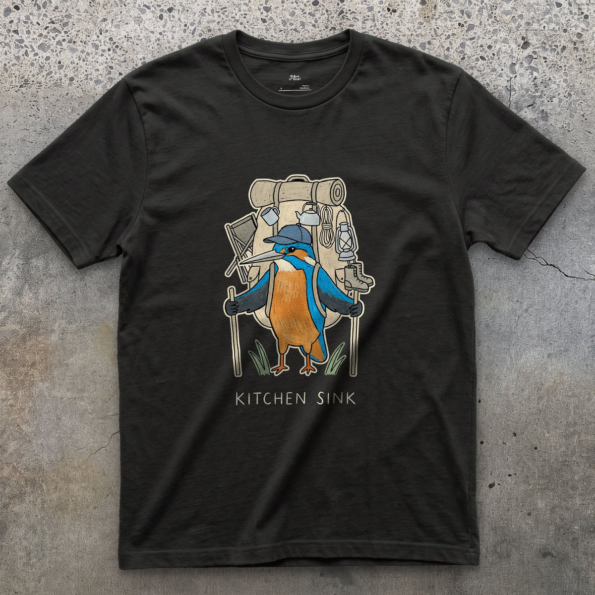Packed the Kitchen Sink, Kingfisher Hiker design on a Black Gildan Softstyle t-shirt