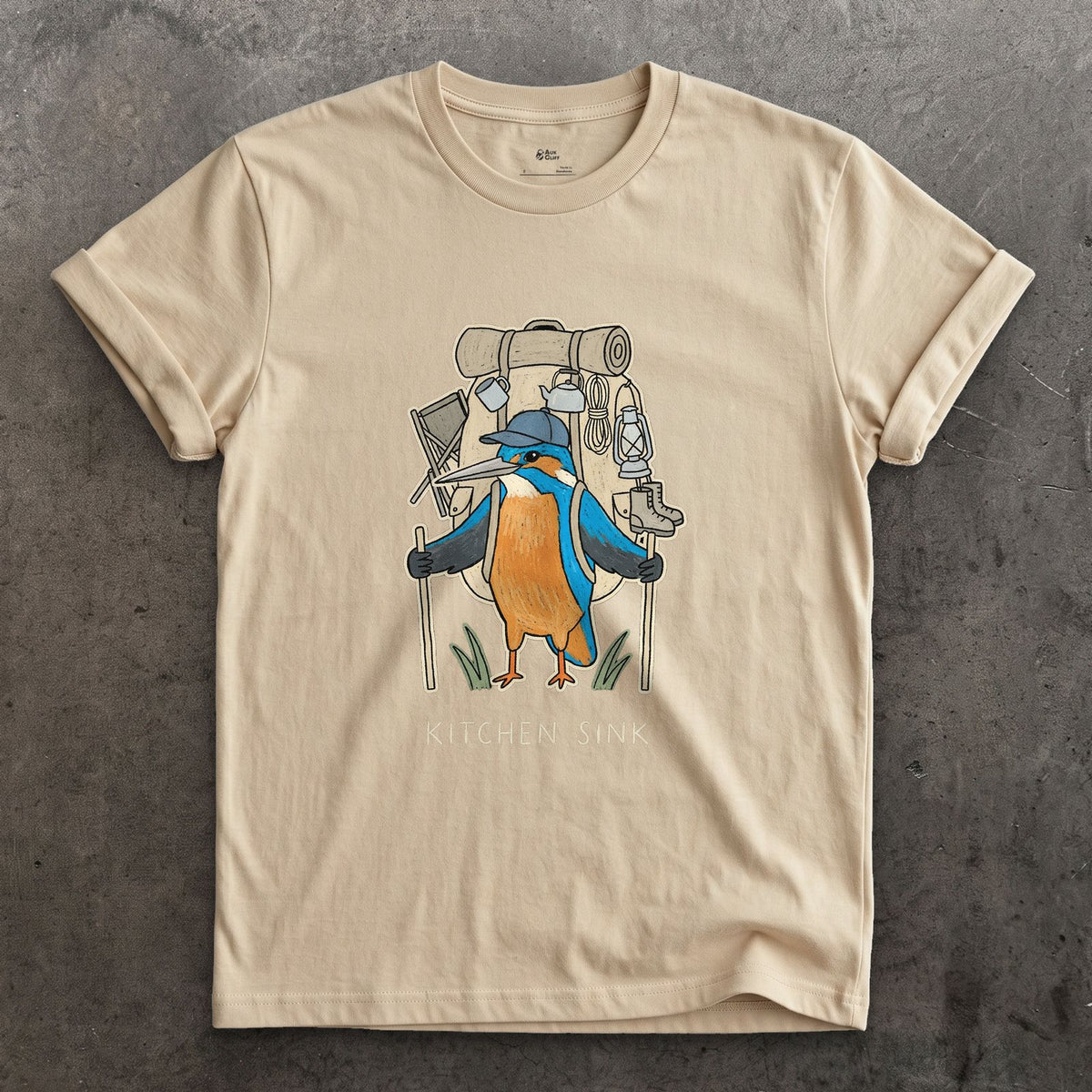 Packed the Kitchen Sink, Kingfisher Hiker design on a Sand Gildan Softstyle t-shirt