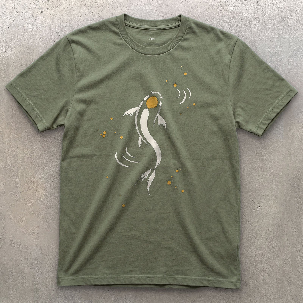 Koi design on a Military Green Gildan Softstyle t-shirt