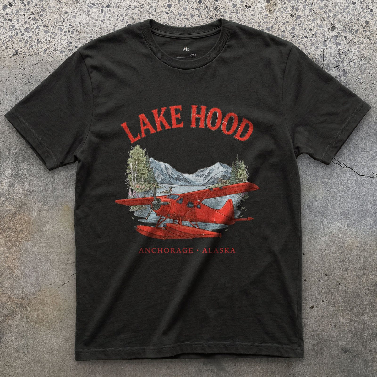 Lake Hood Bush Plane design on a Black Gildan Softstyle t-shirt