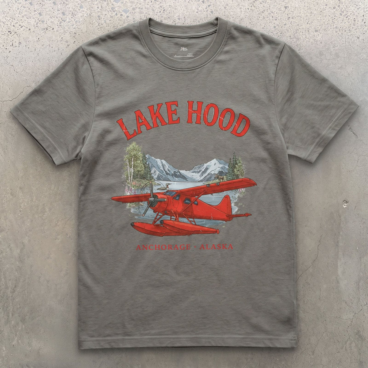 Lake Hood Bush Plane design on a Charcoal Gildan Softstyle t-shirt