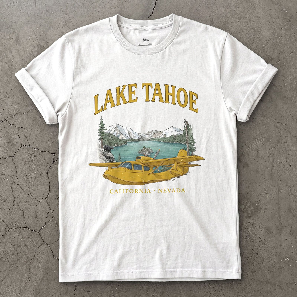 Lake Tahoe Bush Plane design on a White Gildan Softstyle t-shirt