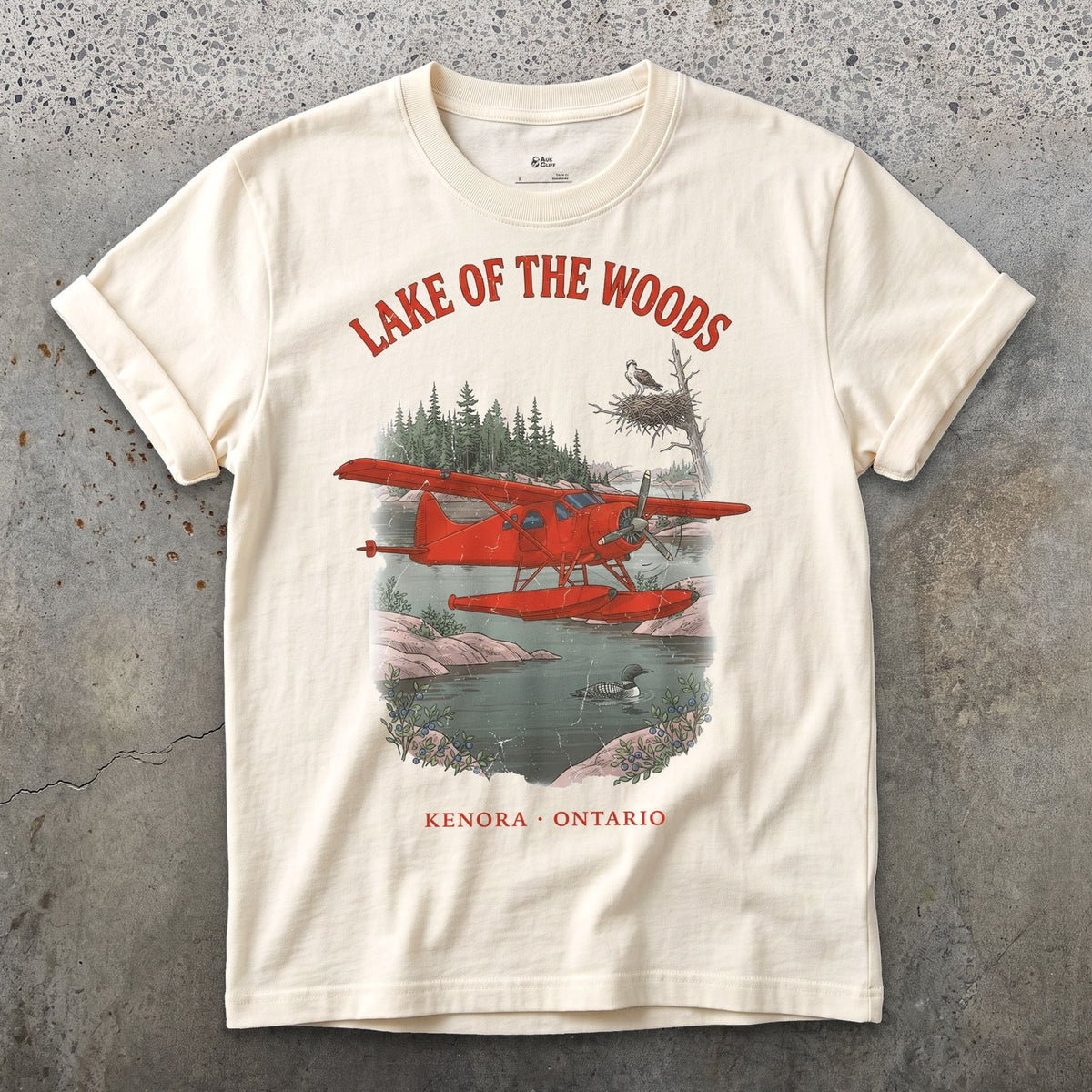 Lake of the Woods Bush Plane design on a Natural Gildan Softstyle t-shirt