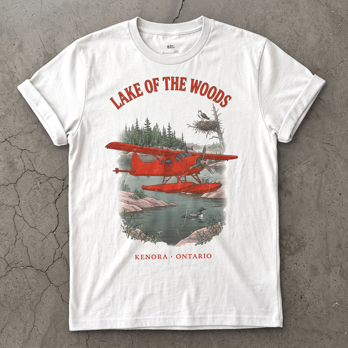 Lake of the Woods Bush Plane design on a White Gildan Softstyle t-shirt