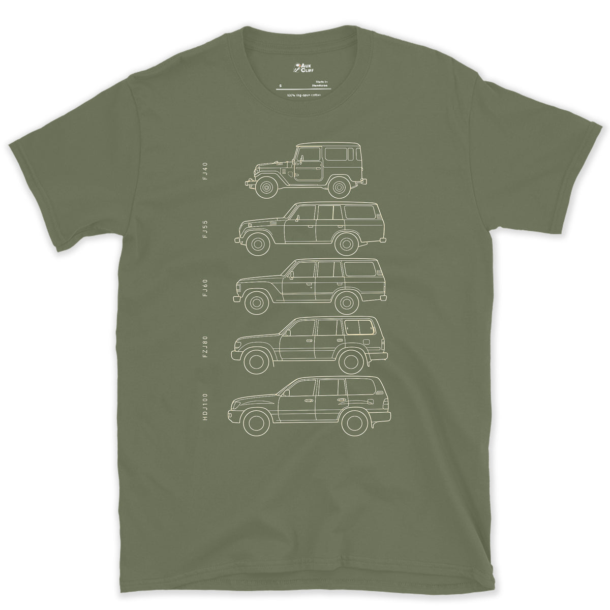 Toyota Land Cruiser, Five Chassis Codes in a Row design on a Military Green Gildan Softstyle t-shirt
