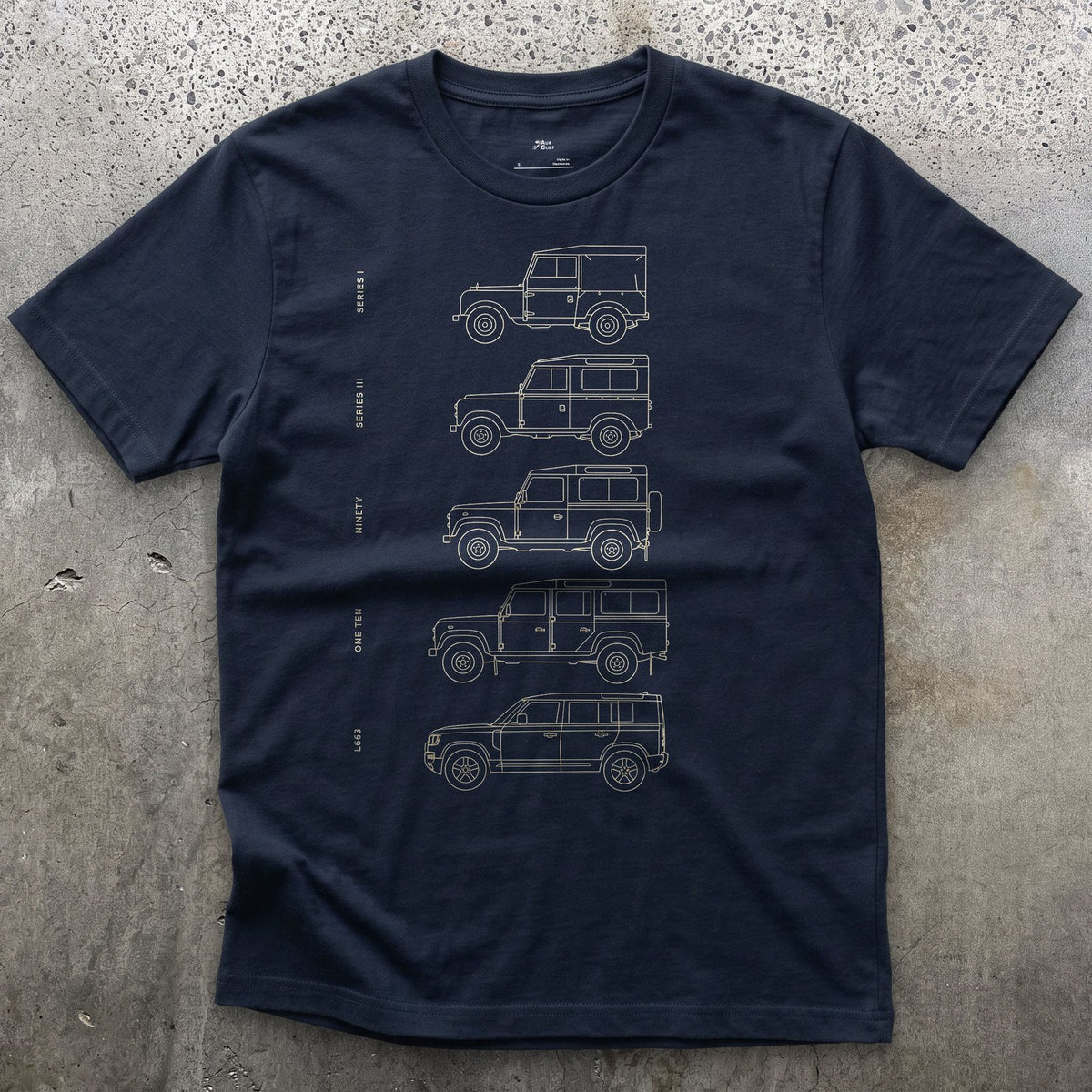 Land Rover, Five Names Across Five Decades design on a Navy Gildan Softstyle t-shirt