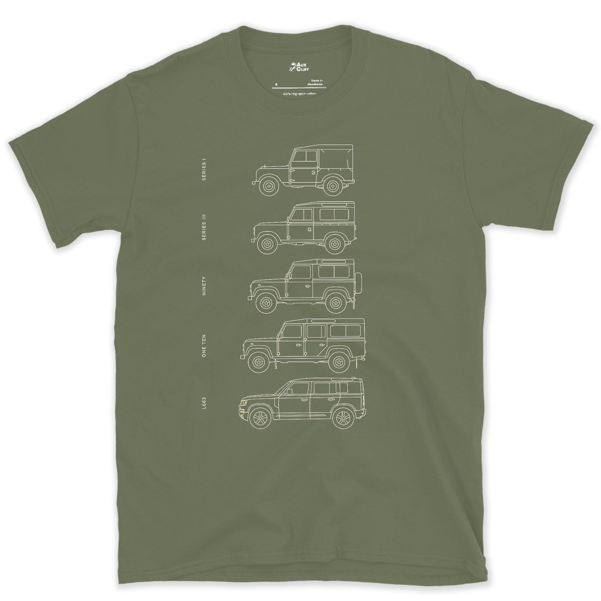 Land Rover, Five Names Across Five Decades design on a Military Green Gildan Softstyle t-shirt